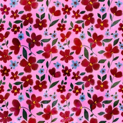 Abstract Digital Paint Watercolor Mix Ditsy Flowers and Leaves Seamless Pattern Isolated Background