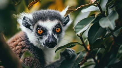 Fototapeta premium Aesthetic close-up photo of a baby lemur on a tree banner.