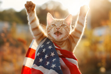 Funny happy patriot cat in New York street with big America flag celebrating 4th of July Independence Day