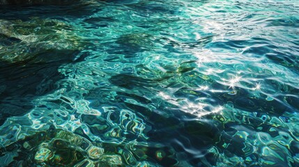 Fototapeta na wymiar Crystal clear water of the sea reflects sunlight, creating ripples on its surface, banner. Serene atmosphere, tranquility and beauty concept.