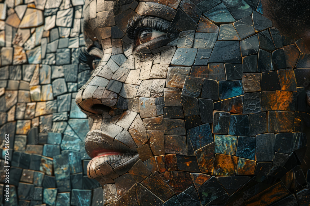 Poster a mosaic of identities and personas reflecting the complexity of the human condition, each fragment 
