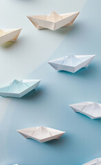 A series of paper boats arranged on a light blue-AI generated image 
