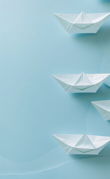 A series of paper boats arranged on a light blue-AI generated image 
