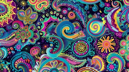 Vibrant classic paisley infused with 60s inspired psychedelic twists filled with symbols of peace love and spirituality, colors are bold yet harmonious created with Generative AI Technology - obrazy, fototapety, plakaty