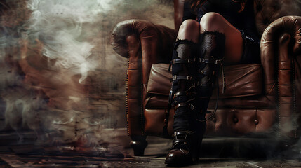 a person sitting on a brown leather armchair, wearing long black high-heeled boots with multiple buckles.