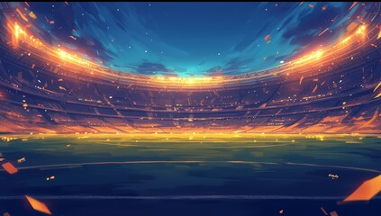 An illustration of an empty football stadium with green grass, illuminated in the style of spotlights in red and yellow colors. 