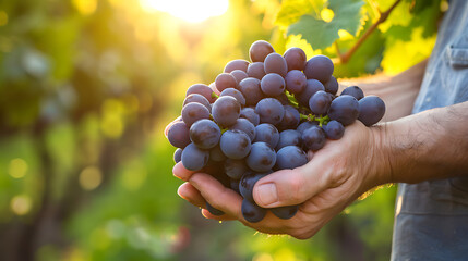 a person holding a bunch of ripe, dark purple grapes in their hands.