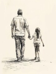 drawing line about father and daugther checkhand and walk togather - generative ai