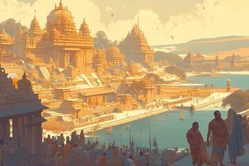 An orange colored image of ancient India, where many Hindu monks and people in traditional attire  - obrazy, fototapety, plakaty