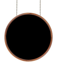 Wooden blank dirty sign hangs on iron chains. Round frame with empty black surface. Signboard isolated on white