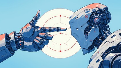 Artistic representation of the human hand and robot's finger pointing towards each other, symbolizing collaboration between humans and AI in marketing. 