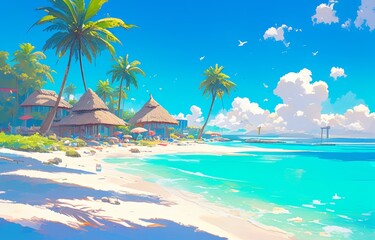Beautiful beach with palm trees and huts on the island
