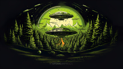 Alien spaceship flying over the forest