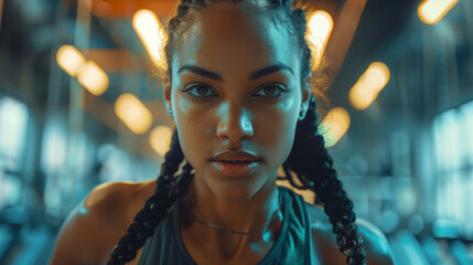 A determined woman with braided hair focuses intently at the gym. - obrazy, fototapety, plakaty