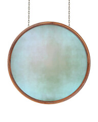 Wooden blank round sign hanging on iron chains. Round frame with painted grunge surface. Sign isolated on white