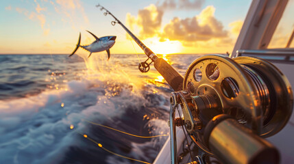 Sport fishing excitement with a jumping fish on the line against a fiery sunset ocean backdrop. - Powered by Adobe