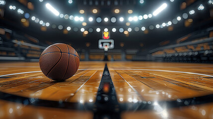 A basketball on a glossy court, center stage under bright arena lights. - obrazy, fototapety, plakaty