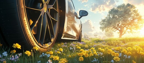 Car wheel with summer tires on a spring background with blooming flowers. - obrazy, fototapety, plakaty