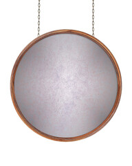 Wooden blank round sign hanging on iron chains. Round frame with painted grunge surface. Signboard...