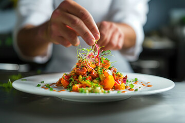 Obraz na płótnie Canvas Chef crafting a vegan haute cuisine dish with fresh ingredients