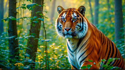 Amur tiger in the forest - obrazy, fototapety, plakaty