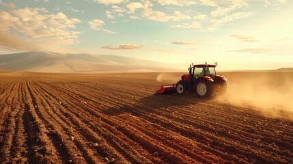Fototapeta premium Tractor in wheat field. Tractor on a wheat field