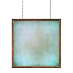 Wooden blank sign hangs on iron chains. Square frame with a grunge colored surface. Signboard isolated on white