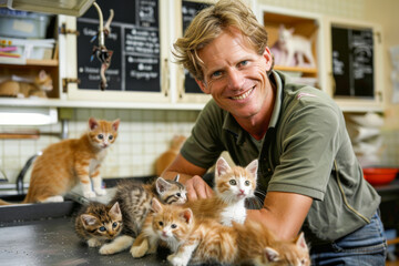 veterinarian with kittens in veterinary clinic, smiling.
