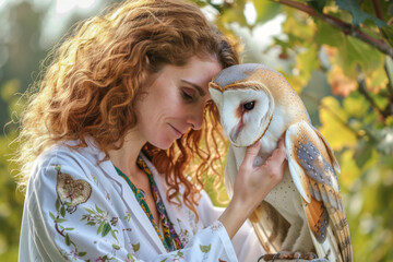 Beautiful young woman with long curly hair in embroidery and boho style clothes with an owl.
