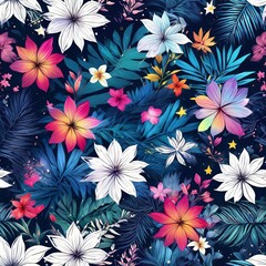 Fototapeta na wymiar Striking, colorful flower painting with intricate details, vivid hues, beautifully contrasted against dark, black background. For interior design, textiles, clothing, gift wrapping, web design, print.