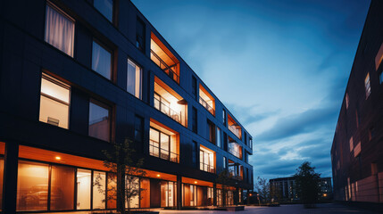 Twilight Glow on Contemporary Urban Apartments - obrazy, fototapety, plakaty