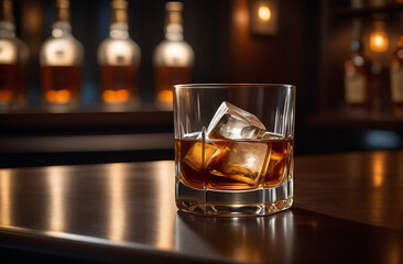glass of whiskey with ice on bar counter, moody dark background --no people, text, logo, labels