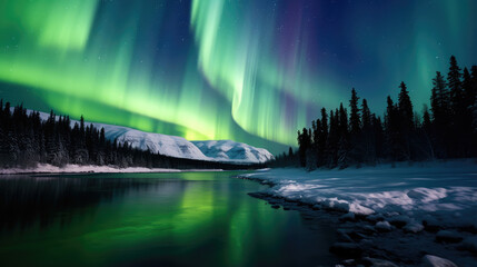 Enchanting Aurora Borealis Over Frozen Wilderness - obrazy, fototapety, plakaty
