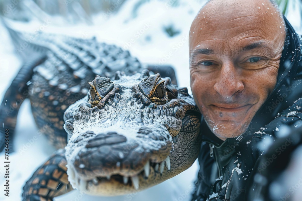 Poster a man is taking a selfie with an alligator in the snow. generative ai.