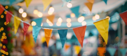 A bunch of colorful flags hanging from a string in a room. Generative AI.