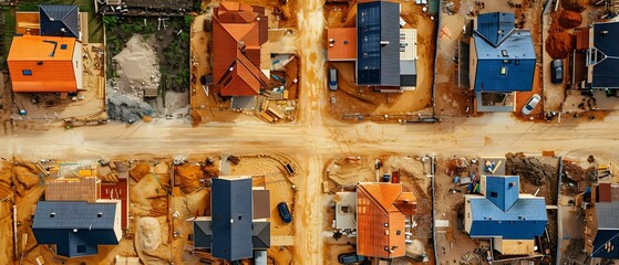 Aerial view of residential area under construction with houses and roads. Concept Aerial Photography, Urban Development, Construction Progress, Residential Neighborhood, Infrastructure Growth