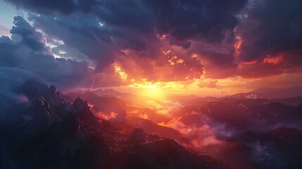 Sunlight breaking through storm clouds over a mountain range at sunset - nature's resilience - obrazy, fototapety, plakaty