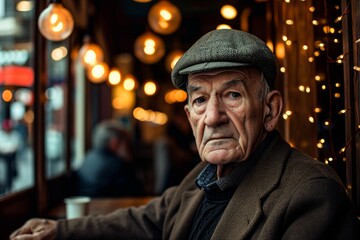 Portrait of an elderly man sitting in a cafe in Paris, France.