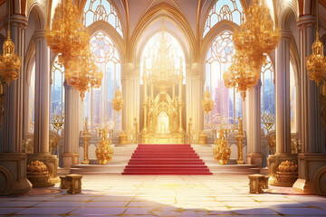 Majestic Cathedral Interior Bathed in Golden Sunlight - obrazy, fototapety, plakaty