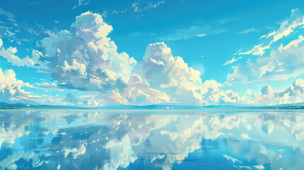 Beautiful blue sky with clouds. Anime sky clouds, anime style.