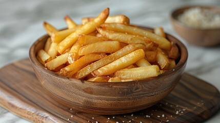 A bowl of french fries sits on a wooden cutting board