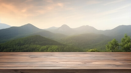 Serene Mountain View from Wooden Deck - obrazy, fototapety, plakaty
