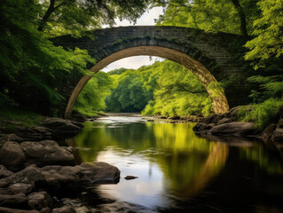 Fototapeta na wymiar Serene River Landscape with Ancient Arch Bridge