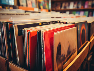 Vintage Vinyl Records Collection in a Music Shop - obrazy, fototapety, plakaty