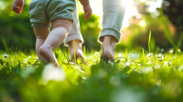 A close up of a baby walking with its mother in the grass. Generative AI.