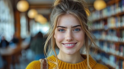 Close-Up Portrait of a Happy Smiling Young Student Walking Indoors in University Campus. Joyful Female Wearing a Yellow Jumper, Looking Around the Library, Searching for Textbooks for Lecture - obrazy, fototapety, plakaty