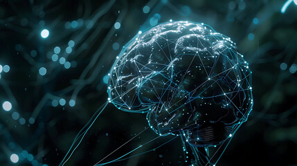 a futuristic cyborg brain illuminated with intricate glowing synapse patterns.