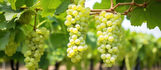 Green Grape Clusters in Sunlit Vineyard