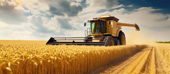 Modern Combine Harvester at Work in Wheat Field