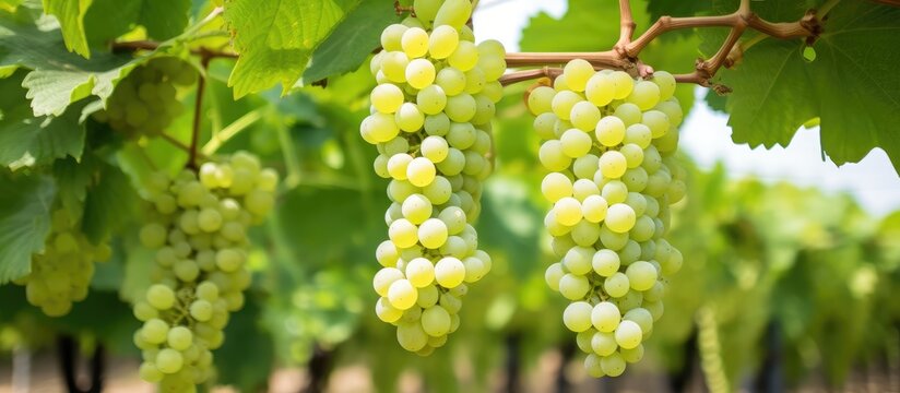 Green Grape Clusters in Sunlit Vineyard